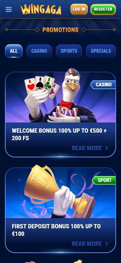 Wingaga Casino mobile promotions area showing casino bonuses and free spins