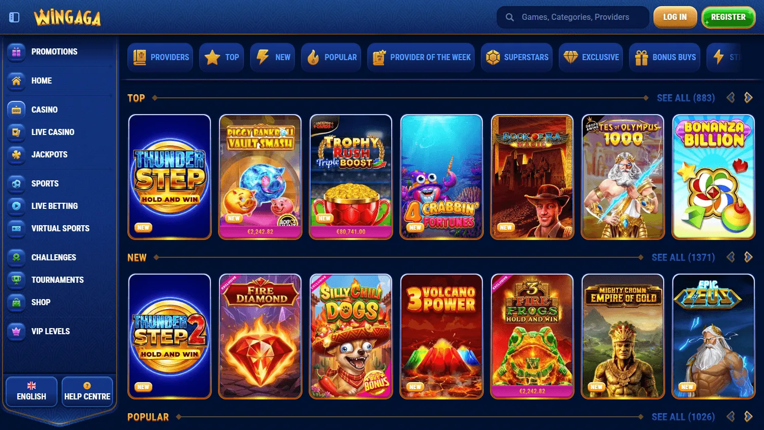 Wingaga Casino desktop games interface with casino and live game categories
