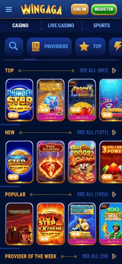 Wingaga Casino mobile games interface with slots and casino categories