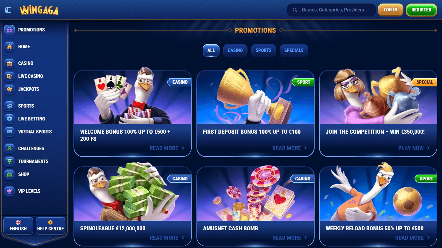 Wingaga Casino desktop promotions area showing the welcome package and free spins