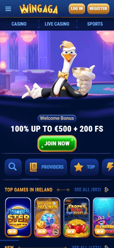 Wingaga Casino mobile home interface accessed through a smartphone browser