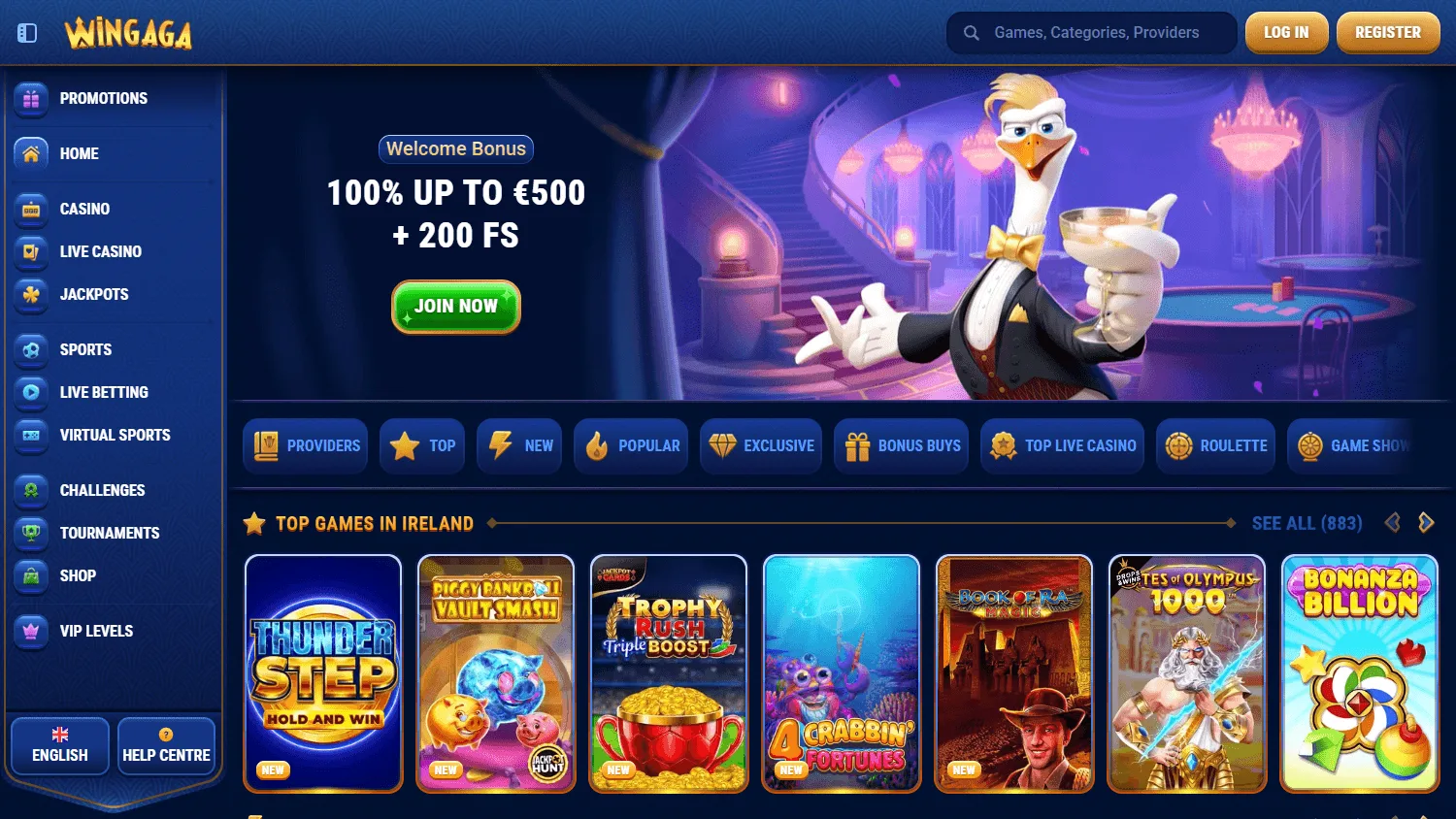Wingaga Casino desktop home interface with casino, live casino and betting access